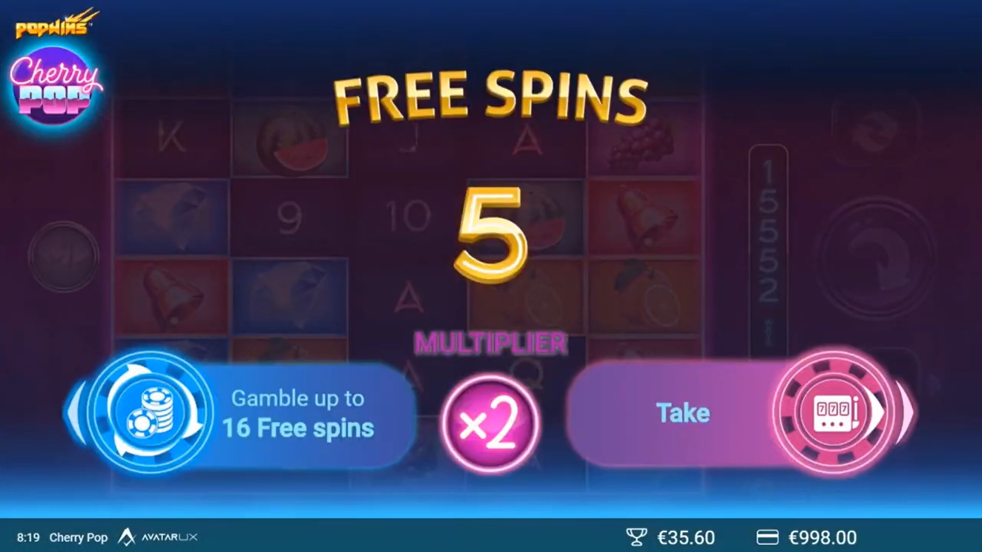 PopWins CherryPops 5 free spins AvatarUX