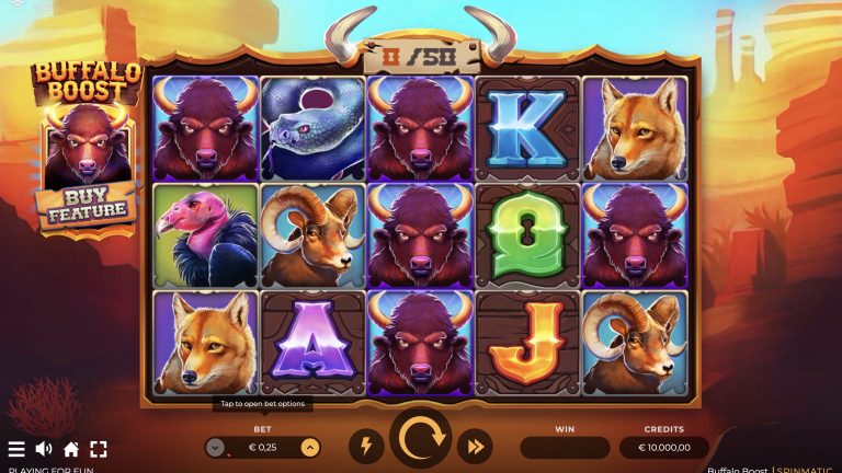 Buffalo Boost is a 5x3, 25-payline video slot with features including a Buy Feature, Free Spins, Random Wilds and a Collect Feature.