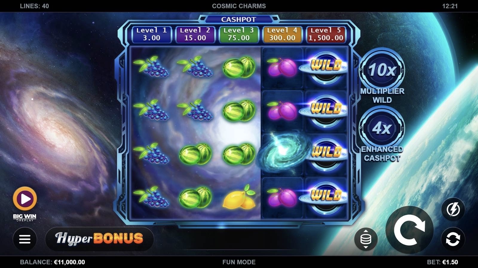 Cosmic Charms is a 5x4, 40-payline slot with features including free spins, wild symbols, scatter symbols and multipliers.