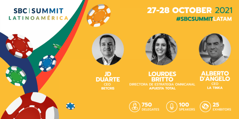 The first 20 speakers for SBC Latinoamérica includes Betcris, La Tinka, Retabet, Betsson, Apuesta Total, and Rush Street Interactive.