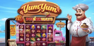 Yum Yum Powerways is a 4x4, 16.384-payline video slot with additional outer reels and other features such as respins and a gamble bonus.