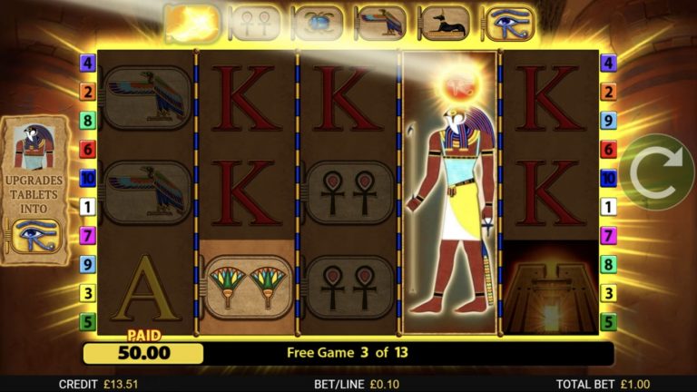 Eye of Horus: The Golden Tablet is a 5x3,10-payline slot with features including expanding wilds, free games and upgrading symbols.