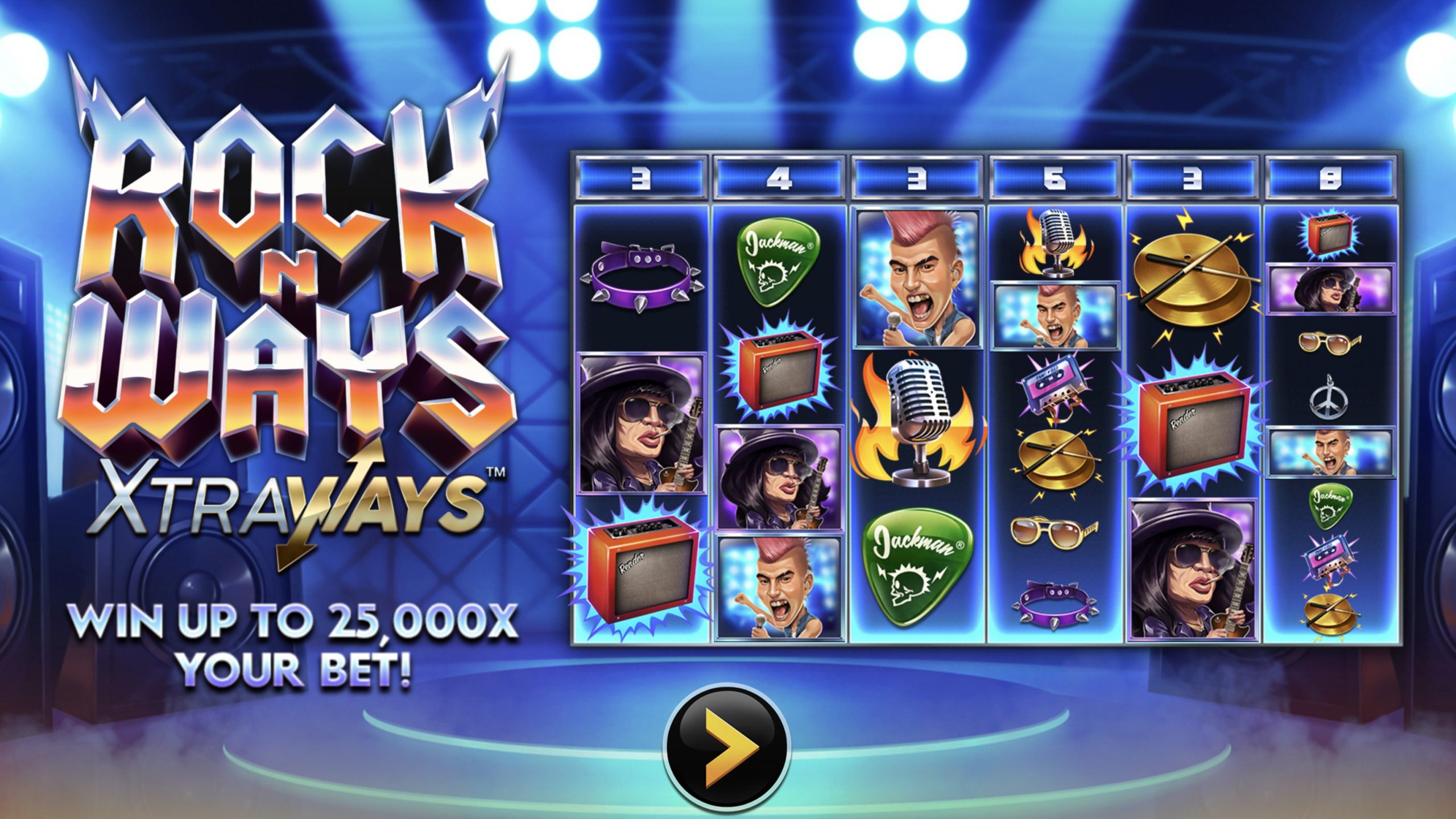 Rock n’ Ways XtraWays is a 6x3-8 video slot with 729 to 262,144 ways to win incorporating a maximum win potential of up to x25,000 the bet.
