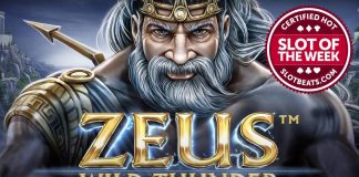 Zeus, king of gods, sits on his throne as he strikes lightning to claim our Slot of the Week award in Synot Games’ title, Zeus Wild Thunder