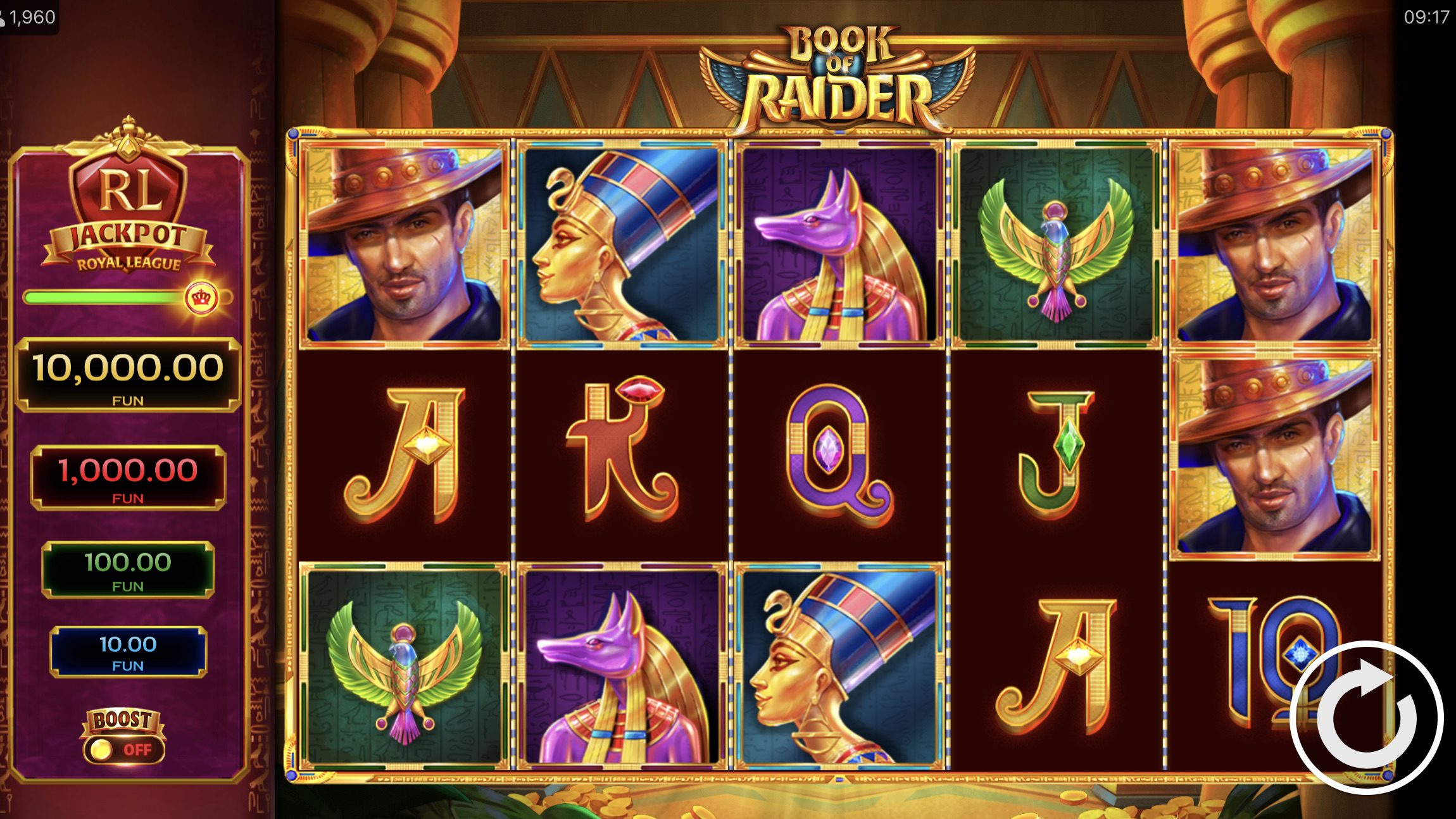 Royal League Book of Raider is a 5x3, 10-payline video slot that incorporates a maximum win potential of up to x10,000 the bet.