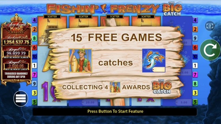 Fishin’ Frenzy: The Big Catch Jackpot King is a 5x3, 10-payline video slot that incorporates a max win potential of up to x50,000 the bet.